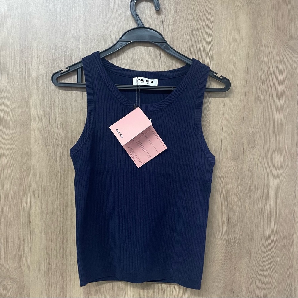 Miu Miu Navy Ribbed Tank Top - Picture 2 of 7
